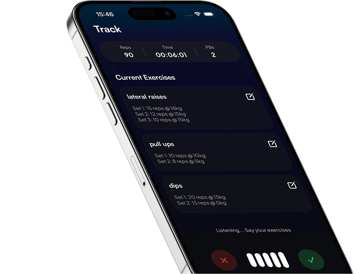 Voice logging screen showing spoken workout entry